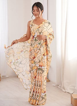 Peach Chinon Digital Print Foil Mirror Cut Work Saree