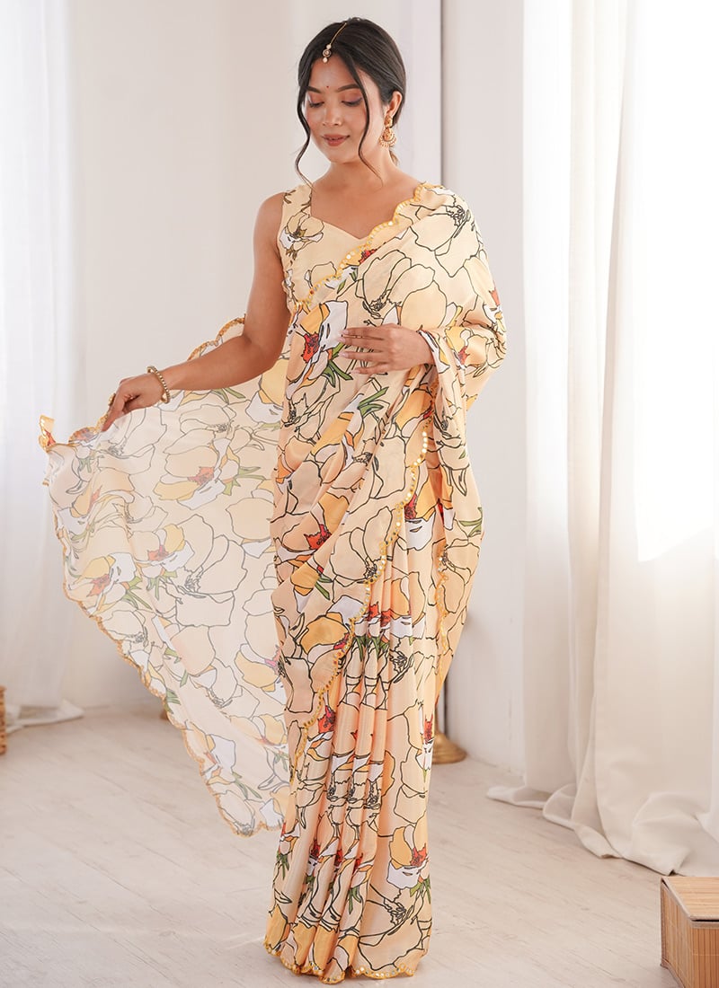 Peach Chinon Digital Print Foil Mirror Cut Work Saree After Six Wear