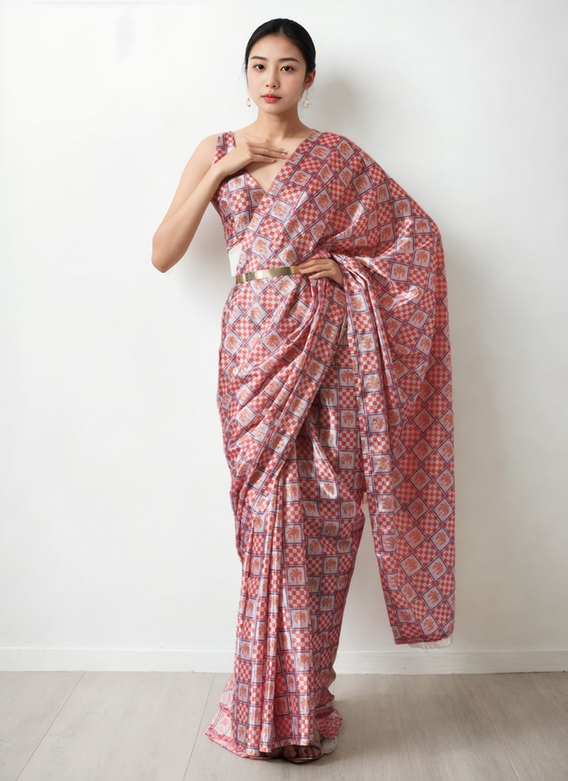 Peach Chinon Digital Print Pre Draped Saree After Six Wear