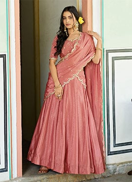 Peach Chinon Embroidered Sequins Lehenga