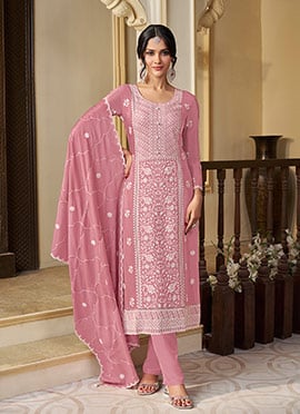 Peach Chinon Embroidered Sequins Straight Pant Suit