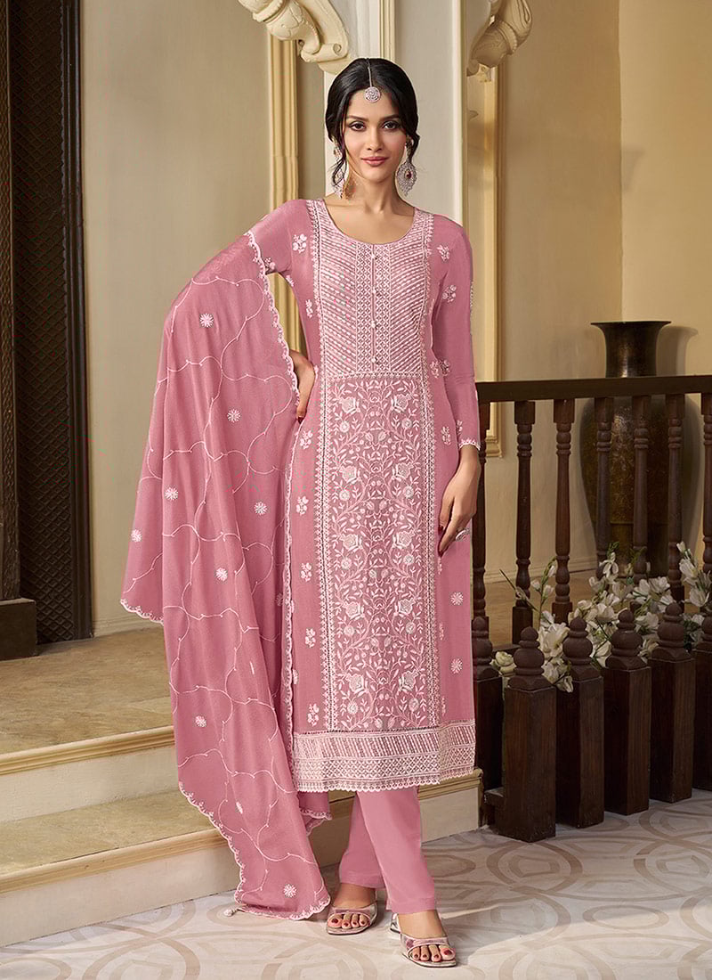 Peach Chinon Embroidered Sequins Straight Pant Suit Festive Wear