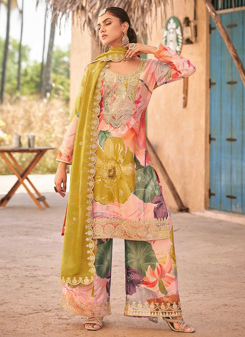 Peach Chinon Floral Digital Print Embroidered Sequins Gorgeous Palazzo Suit Festive Wear