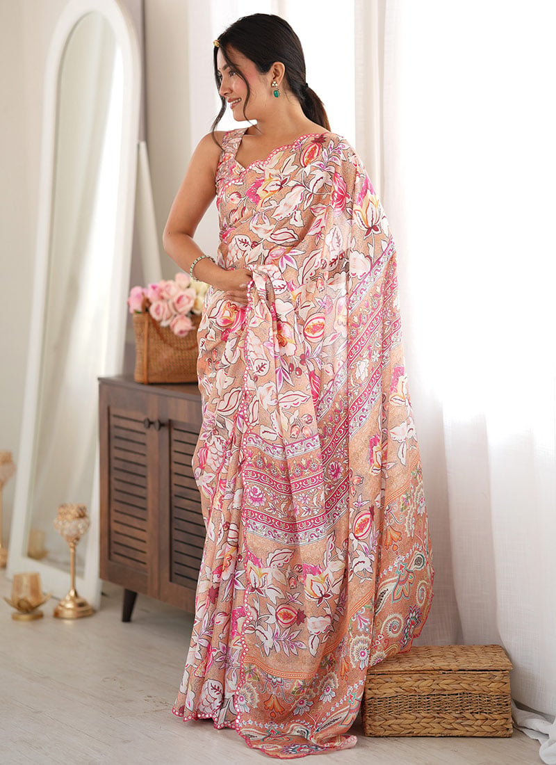 Peach Chinon Mirror Work Printed Saree After Six Wear