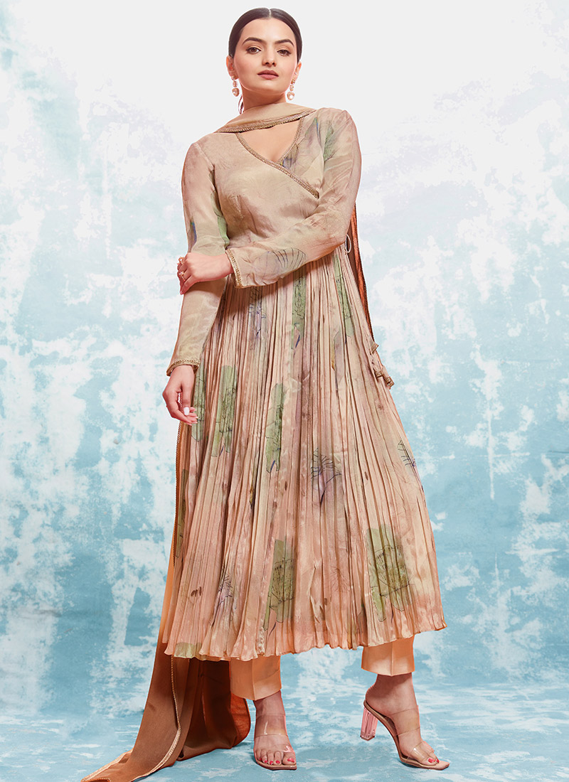 Peach Chinon Printed Angarkha Style Anarkali Suit
