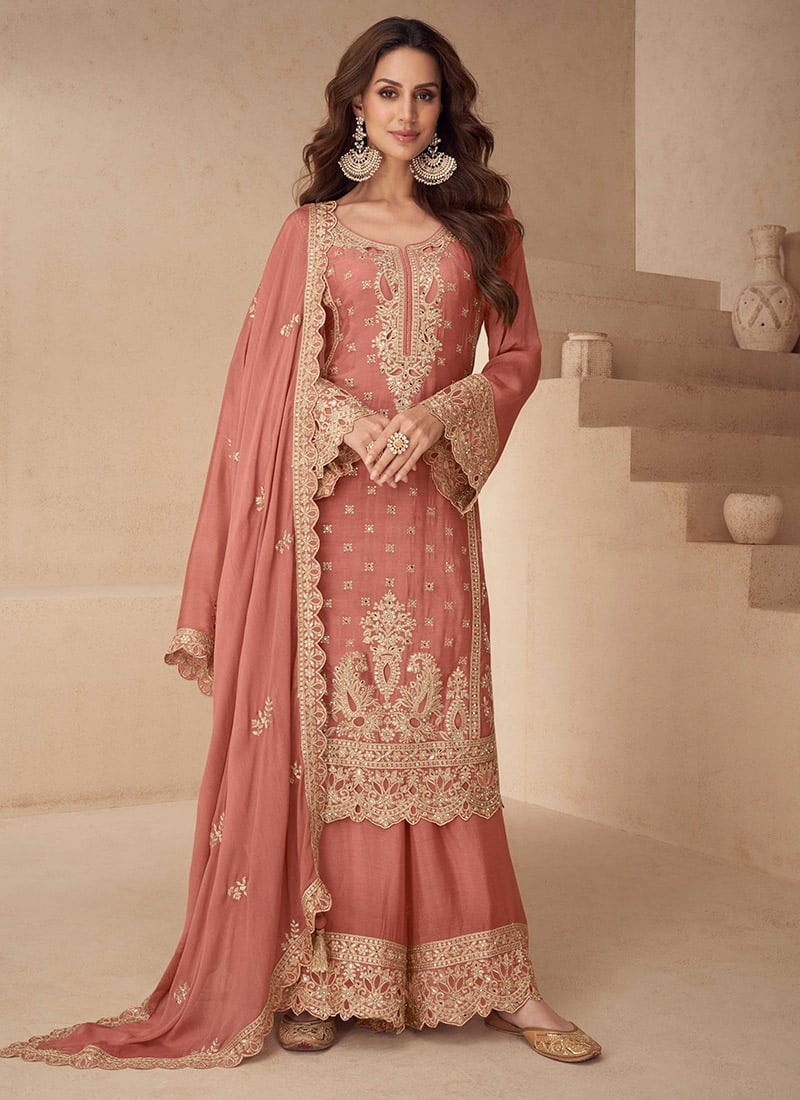 Peach Chinon Sequins Embroidered Stones Zari Pakistani Palazzo Suit Festive Wear