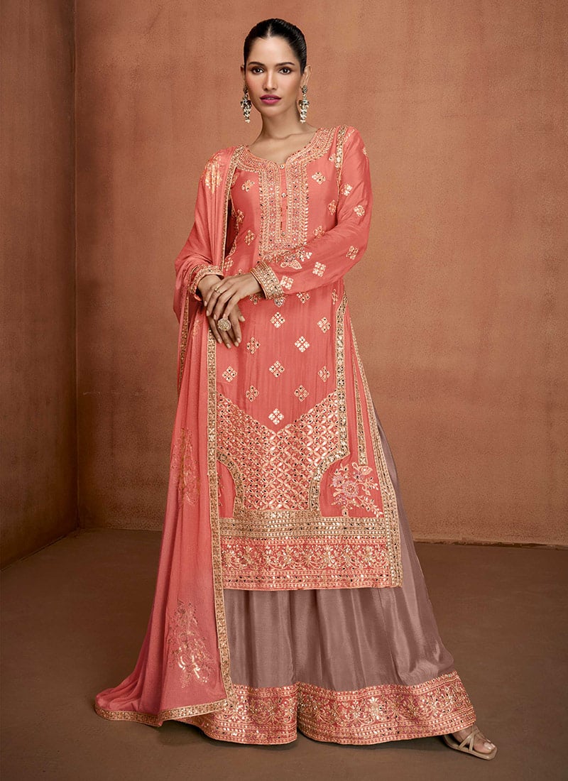 Peach Chinon Sequins Mirror Work Embroidered Pakistani Palazzo Suit Festive Wear
