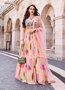 Peach Chinon Silk Digital Print Lehenga Cut Dana Hand Work And Sequins Choli