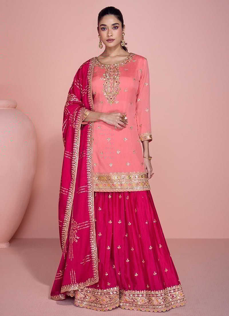 Peach Chinon Silk Embroidered Sequins With Beads Work Stunning Palazzo Suit Festive Wear