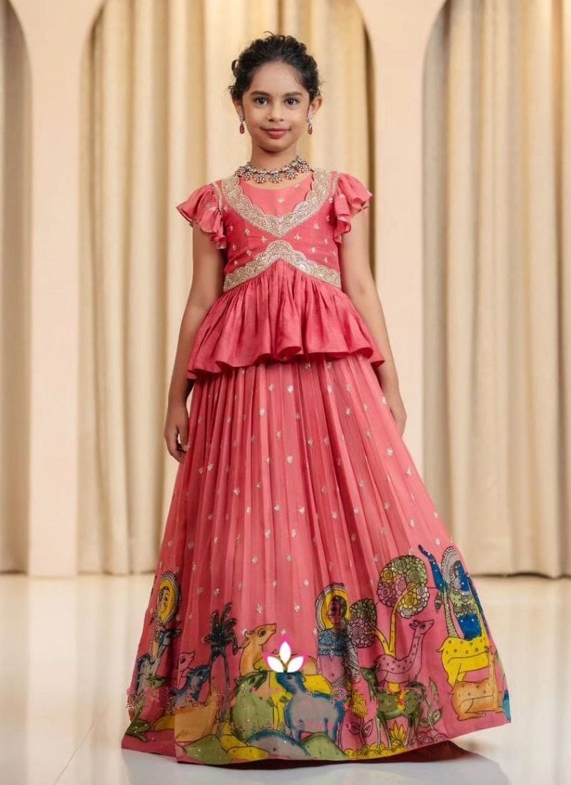 Peach Chinon Silk Embroidery Digital Print Lehenga For Kids Girls  Festive Wear