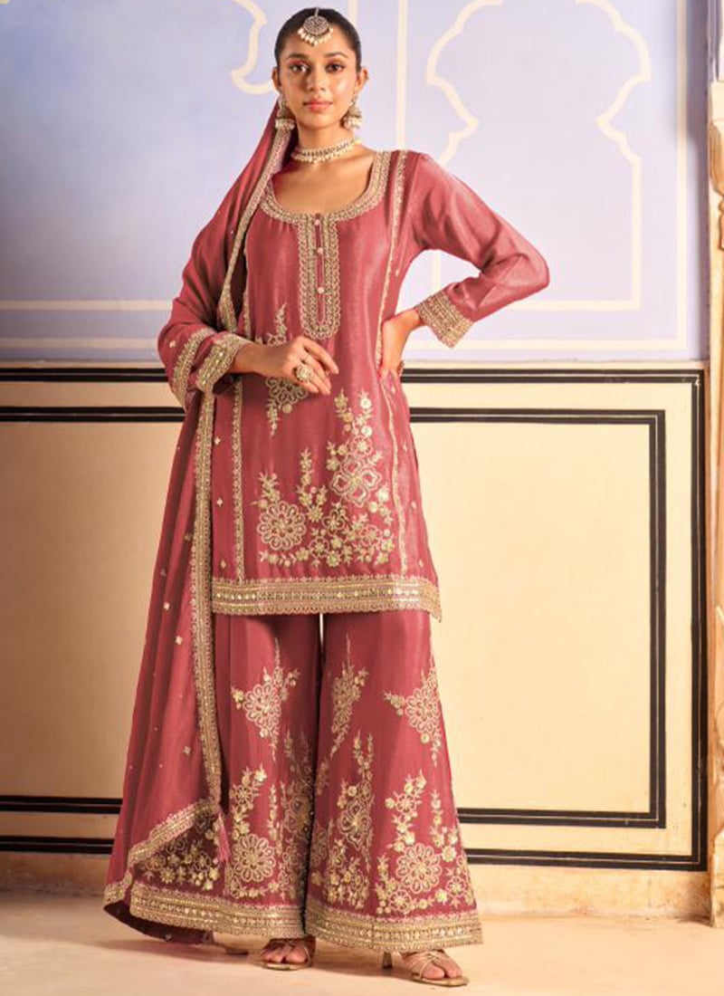 Peach Chinon Silk Hand Embroidered Sequins With Mirror Work Sequins Palazzo Suit Festive Wear