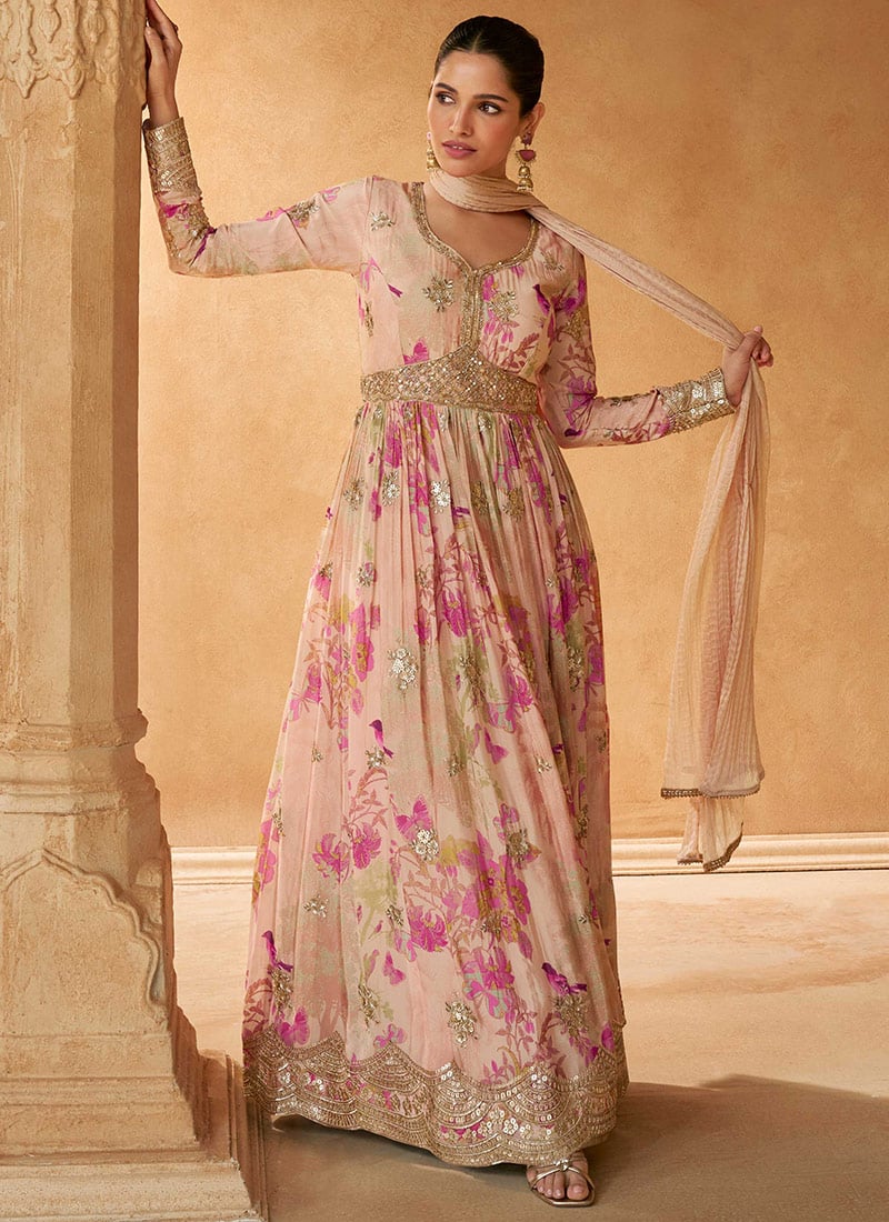 Peach Chinon Silk Printed Embroidered Sequins Elegant Anarkali Suit Festive Wear