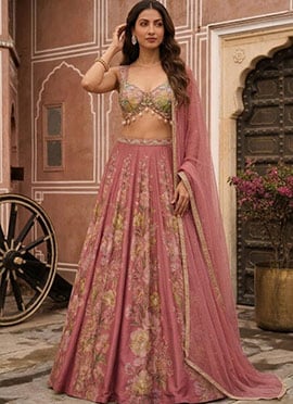 Mauve Chinon Silk Resham Beads Embroidered Digital Print Umbrella Lehenga