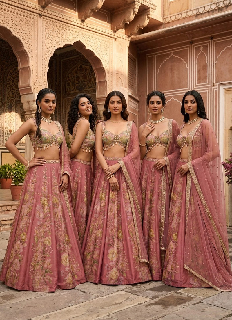 Mauve Chinon Silk Resham Beads Embroidered Digital Print Umbrella Lehenga Wedding Wear