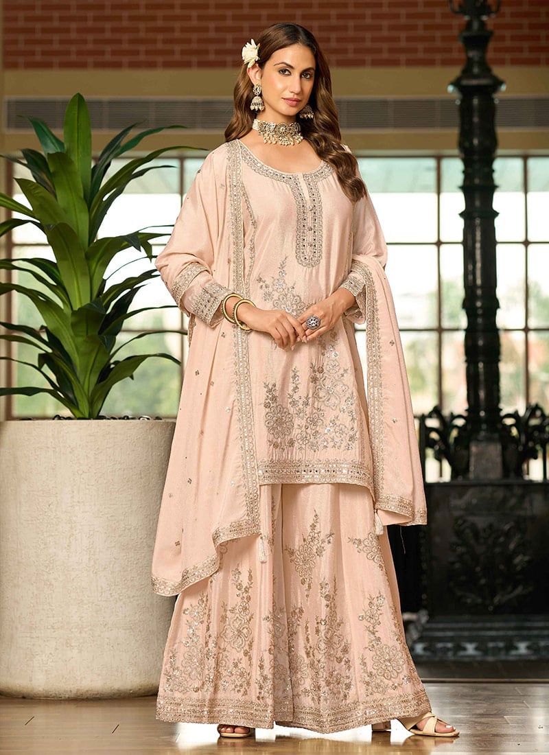 Peach Chinon Silk Stones Mirror Work And Sequins Embroidered Palazzo Suit