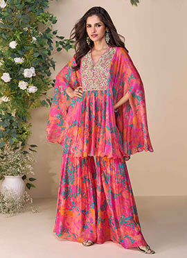 Peach Chinon Silk Zardosi Embroidered Work And Printed Palazzo Set