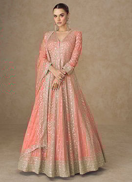 Peach Chinon Silk Zari And Embroidered Sequins A Line Anarkali Suit