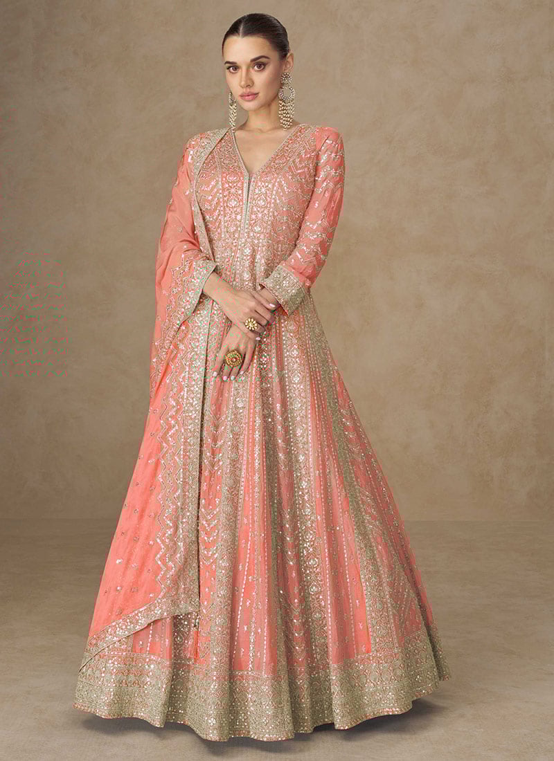 Peach Chinon Silk Zari And Embroidered Sequins A Line Anarkali Suit Festive Wear