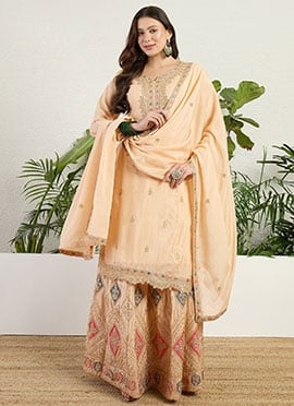 Peach Chinon Zari Embroidered Sequins Palazzo Suit