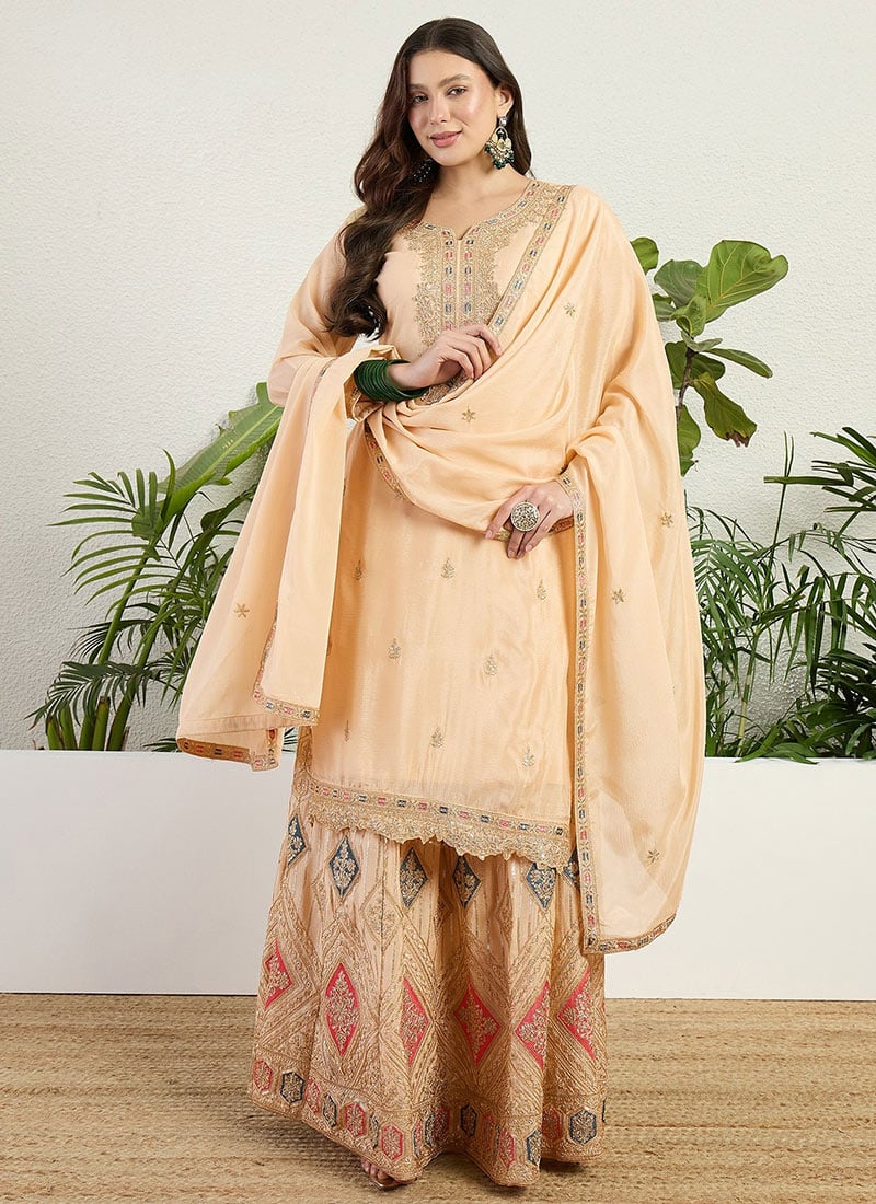 Peach Chinon Zari Embroidered Sequins Palazzo Suit Festive Wear