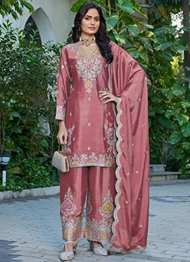 Peach Chinon Zari Embroidered Sequins Palazzo Suit