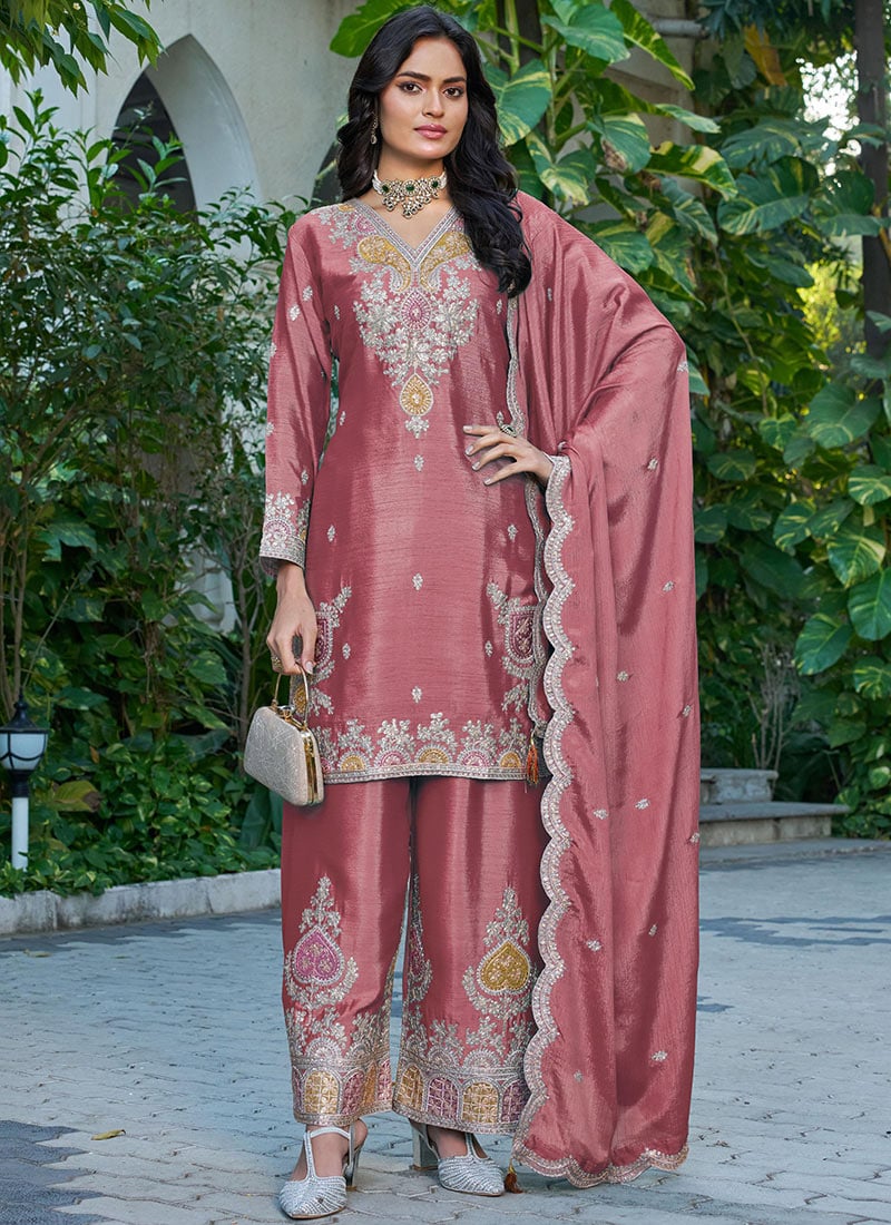 Peach Chinon Zari Embroidered Sequins Palazzo Suit Festive Wear