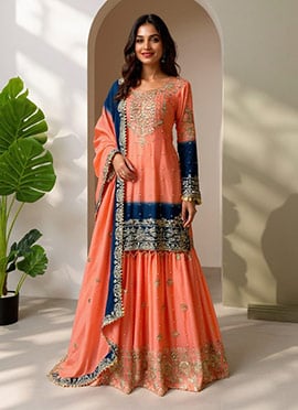 Peach Chinon Zari Sequins Moti Sharara Suit