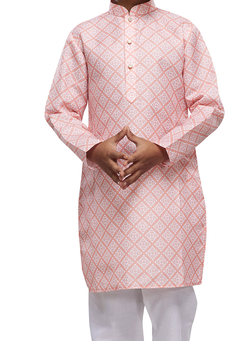 Boys Peach Cotton Silk Leaf Print Kurta With Pyjama
