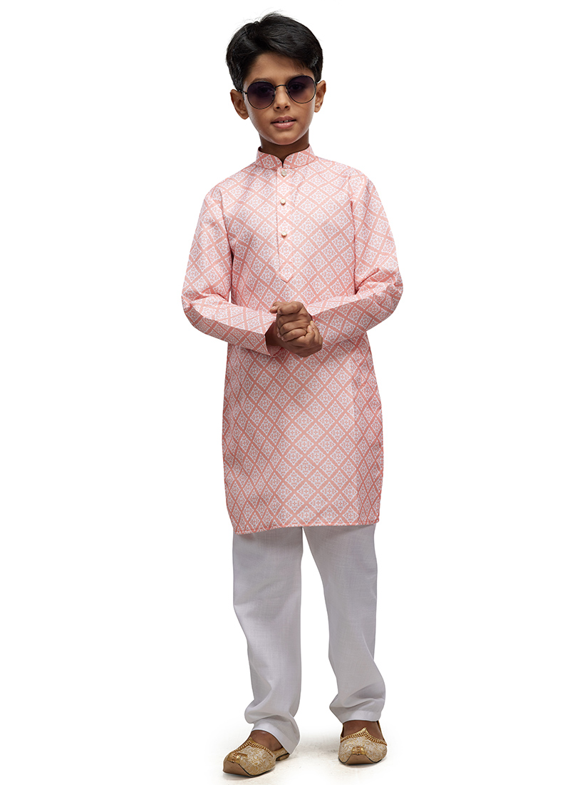 Peach Cotton Digital Print Classic Kids Kurta Pyjama For Young Boys Festive Wear