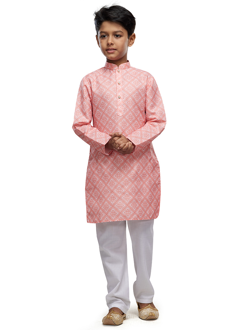 Peach Cotton Digital Print Classic Kids Kurta Pyjama For Young Boys Festive Wear