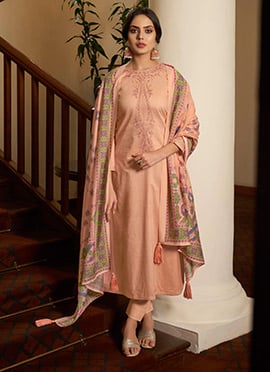 Peach Cotton Digital Print Embroidered Straight Pant Suit