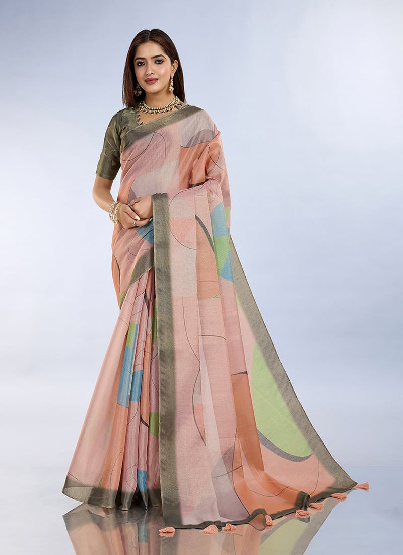 Peach Cotton Digital Print Saree After Six Wear