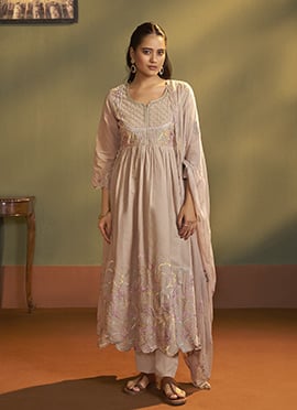 Peach Cotton Embroidered Anarkali Suit