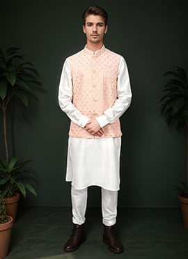 Peach Cotton Embroidered Bandi Set