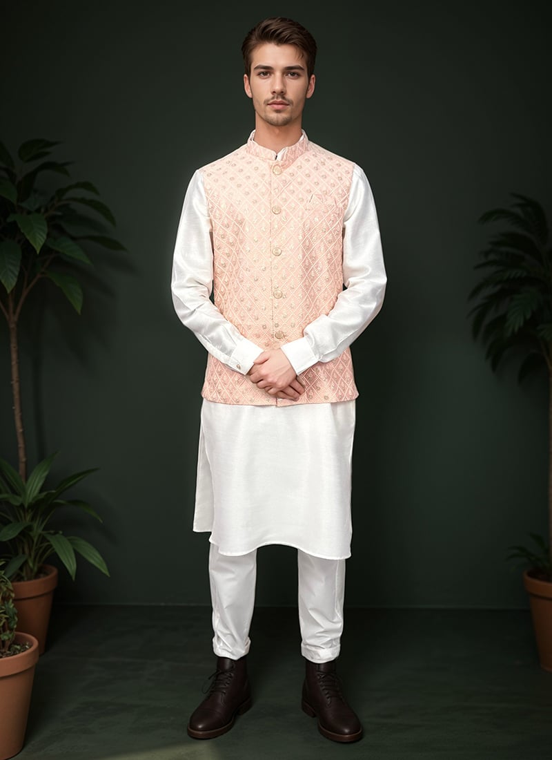 Peach Cotton Embroidered Bandi Set Festive Wear