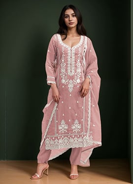 Peach Cotton Embroidered Straight Pant Suit