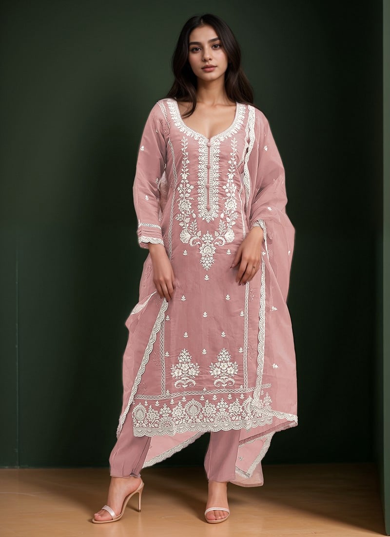 Peach Cotton Embroidered Straight Pant Suit Festive Wear
