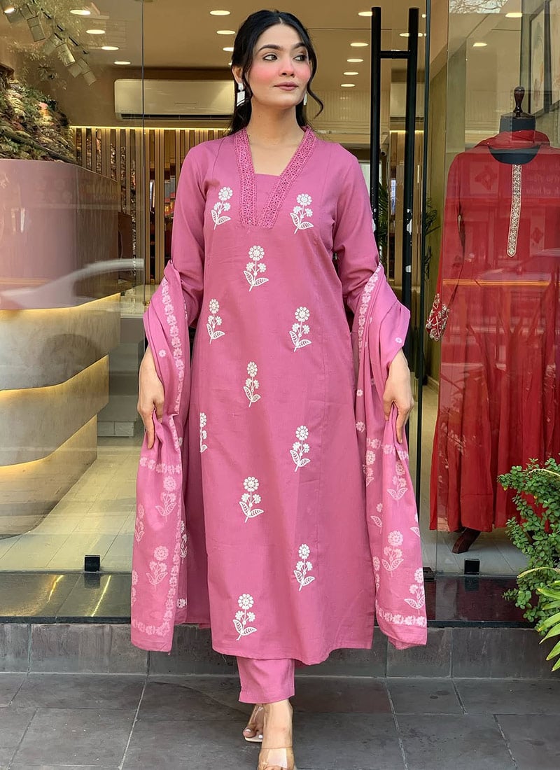 Peach Cotton Embroidered Straight Pant Suit Festive Wear