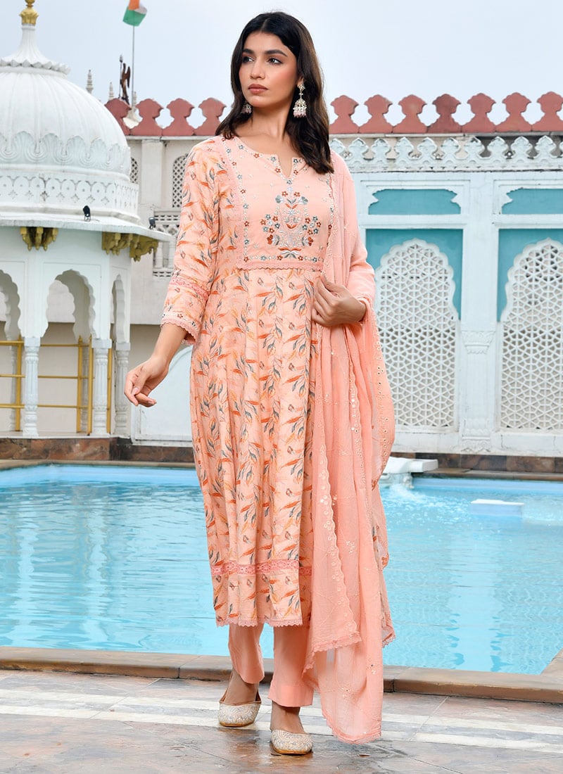 Peach Cotton Floral Print Embroidered Straight Pant Suit After Six Wear