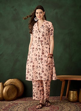 Peach Cotton Floral Print Indowestern Co ord Set
