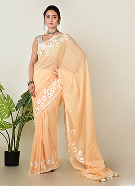 Peach Cotton Hand Painted Saree