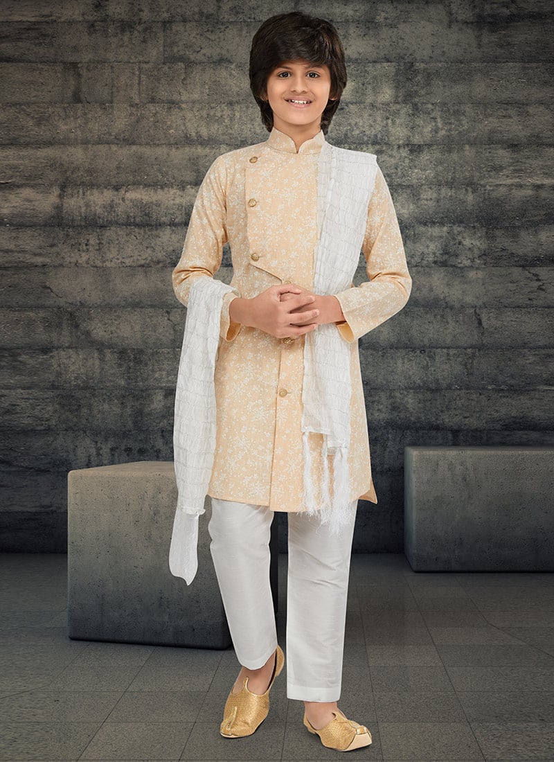Peach Cotton Kids Boys Indowestern Sherwani Festive Wear