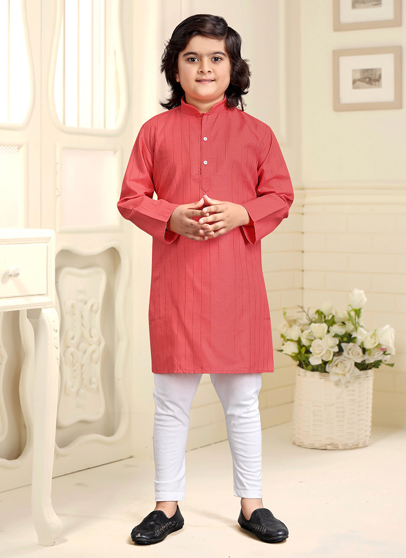 Peach Cotton Kids Kurta Pyjama Set With Delicate Zari Accents Festive Wear