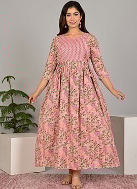 Peach Cotton Printed Dress