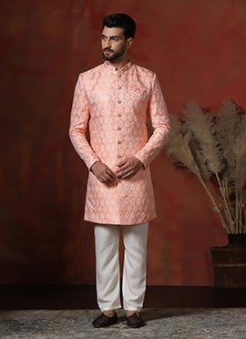 Peach Cotton Printed Indowestern Sherwani Set