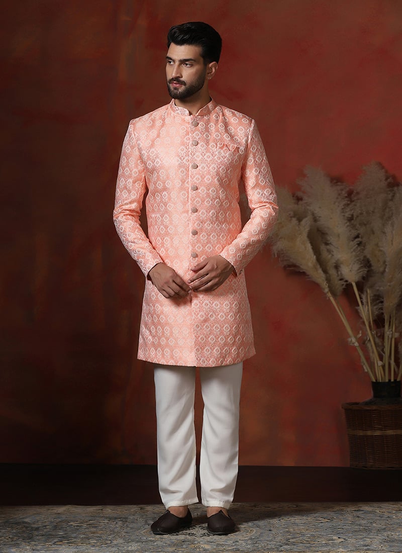 Peach Cotton Printed Indowestern Sherwani Set Wedding Wear