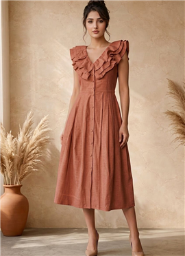 Rust Brown Cotton Ruffle Detail Midi Dress