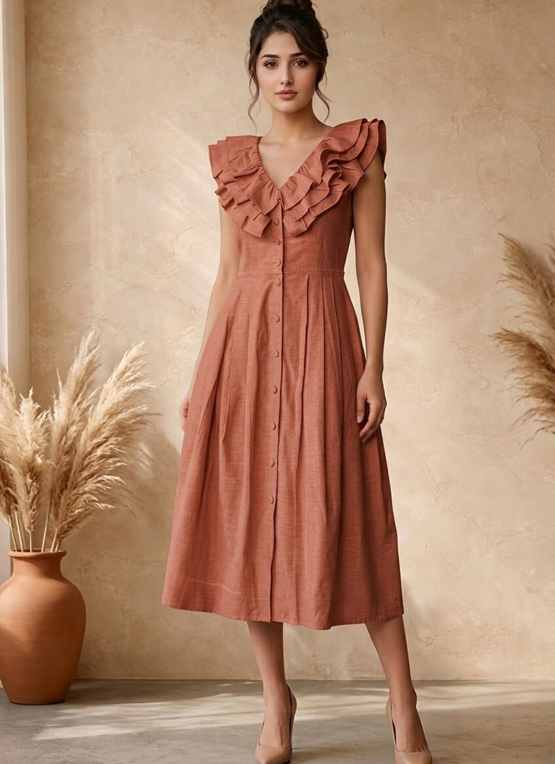 Rust Brown Cotton Ruffle Detail Midi Dress After Six Wear