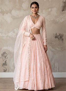 Peach Cotton Silk Embroidered Sequins Lehenga