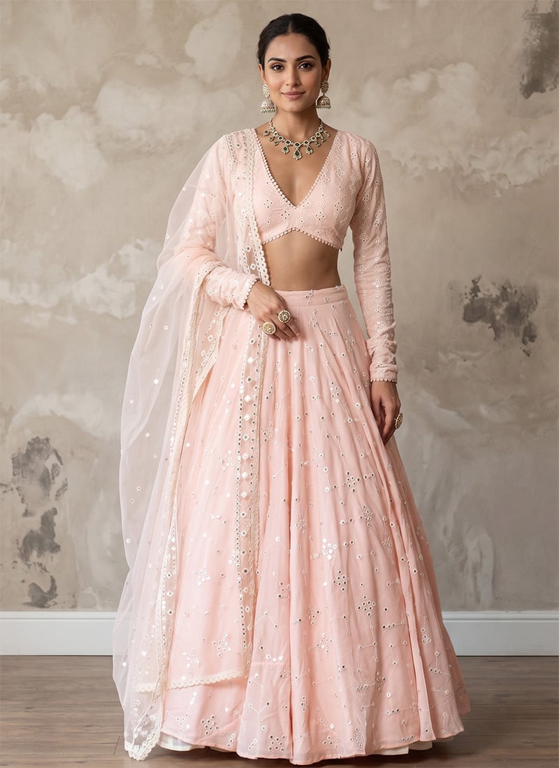 Peach Cotton Silk Embroidered Sequins Lehenga After Six Wear